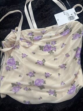 Forever 21 Cream Mesh Crop Top with Purple Floral Print